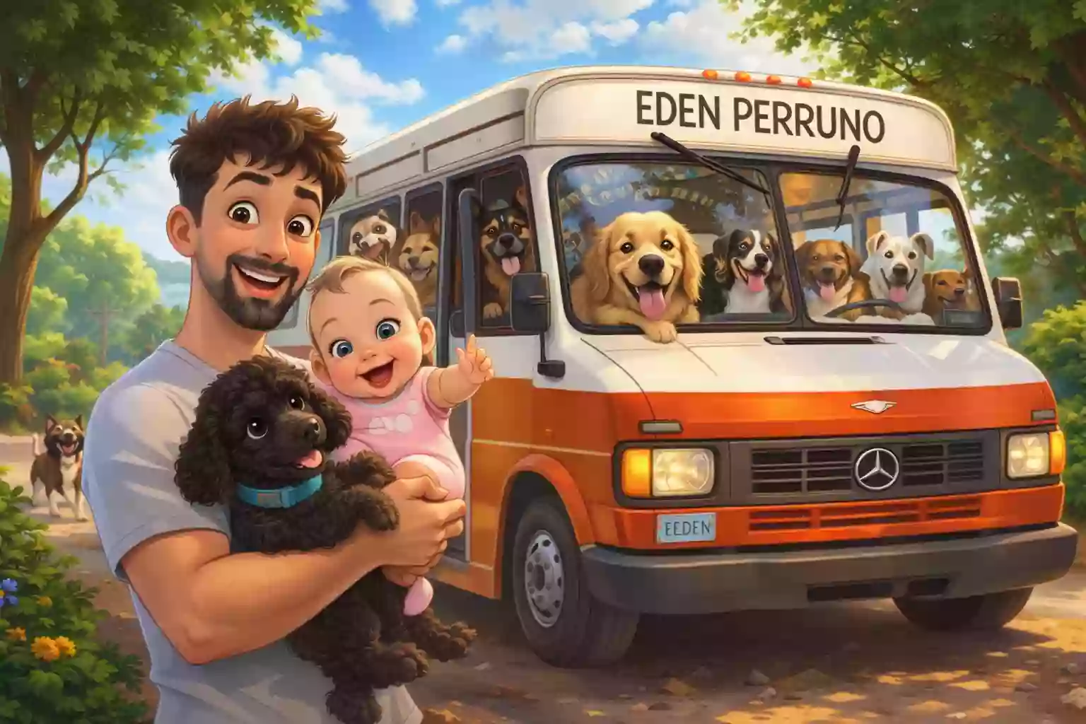 Matías Carril responsable de Eden Perruno junto al colectivo de escuelita canina y perros en GBA Sur transporte seguro y paseo grupal